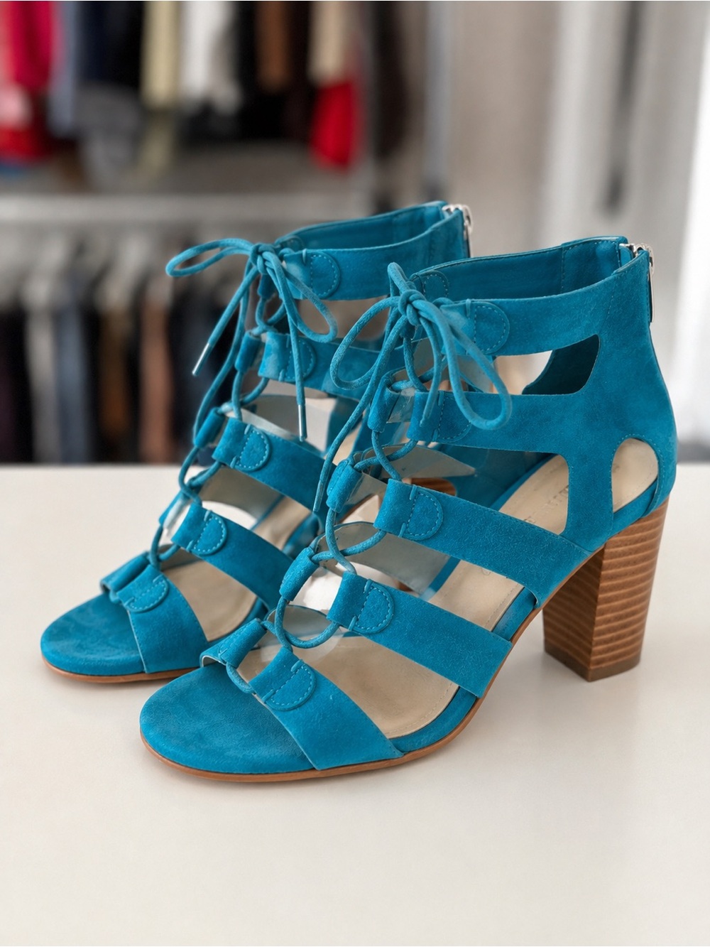 Marc Fisher Paradox Blue Suede Lace-Up Block Heel Sandals Size 7W